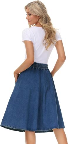 KANCY KOLE Women Casual Denim Skirts Frill Tie Waist A-Line Midi Jean Skirt with Pockets S-XXL in Kuwait