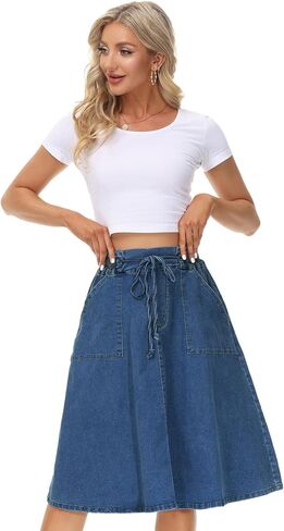 KANCY KOLE Women Casual Denim Skirts Frill Tie Waist A-Line Midi Jean Skirt with Pockets S-XXL in Kuwait