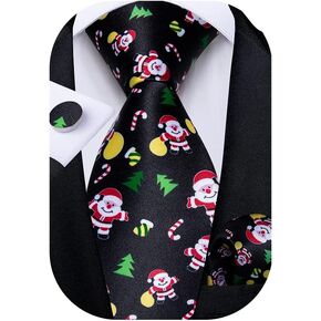 DiBanGu Christmas Ties for Men Holiday Theme Mens Tie and Pocket Square Cufflinks Set Silk Necktie