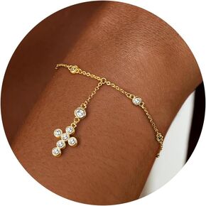 Gold Cross Bracelets for Women Trendy, Dainty 14K Gold Plated Cross Charm Rosary Beaded Bracelet CZ Chain Link Bracelet Cute Adjustable Gold Jewelry Gifts for Women