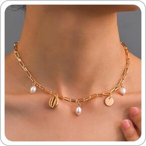 Gold Charm Necklaces for Women Shell Charm Necklace Summer Vacation Seashell Necklace Gold Paper Clip Shell Necklace Y2K Summer Beach Pearl Devil's Eye Jewelry