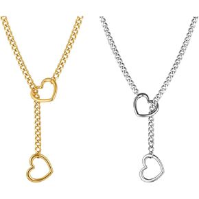 2 Pack Set Dainty Heart Slip Chain Lariat Necklace for Women,Stainless Steel Delicate Gold/Silver Color/Black Heart Lariat Y Necklace for Women Set,Adjustable Tassel Punk Cuban Slip Chain Choker