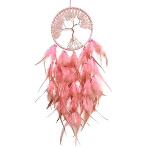 Pink Tree of Life Dream Catcher Handmade Feather Dream Catchers Wall Hanging Ornaments for Bedroom Home Decor Blessing Gift Wedding Party