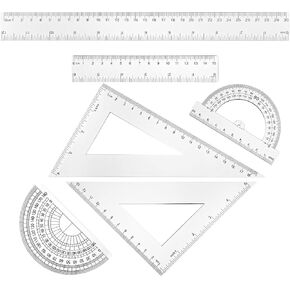6 Pcs Plastic Ruler Math Set, Includes 12 Inch 6 Inch Straight Ruler, Triangle, Protractor Ruler, Geometry Math Ruler Set, Transparent Ruler Measuring Tool for School Office Home Supplies (Clear)