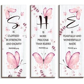 DONFENTHY 3 Pcs Butterfly Wall Decor Pink Room Decor Butterfly Wall Art Wooden Hanging Butterfly Decor with Butterfly Bible Word Sign for Teen Girls Women Room Bathroom Bedroom(Pink, 12x4 Inch)