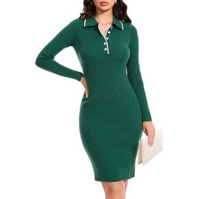 DRESSTELLS Sweater Dress for Women 2024 Long Sleeve V Neck Button Fall Stretchy Ribbed Knit Pullover Dress