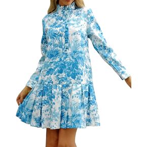 Women Floral Mini Dress Long Sleeve Stand Collar Button Up Elegant Work Swing Short Pleated Dress