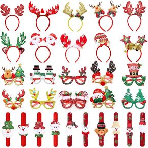 30PCS Christmas Glasses, Christmas Headband and Christmas Slap Bracelets, Cute Christmas Decorations for All People, Exquisite Christmas Party Favors