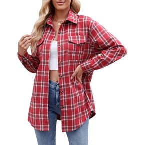 Korebow Women's Lightweight Flannel Plaid Button Down Shirts Oversized Long Sleeve Shacket Jacket Tops
