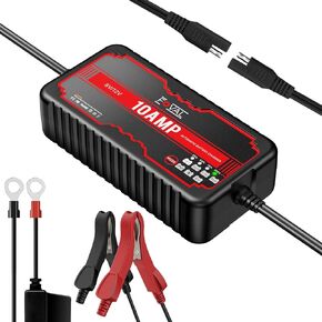 10Amp Lithium Battery Charger, FOVAL 12V 6V Lifepo4 Lead Acid Portable Car Battery Charger, Waterproof Automotive Charger, Trickle Charger, Battery Maintainer for Motorcycle, AGM, Deep Cycle Batteries