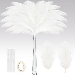 Juexica 80 Set Natural Ostrich Feathers Bulk with Iron Wire for Centerpieces Boho Large 10 to 12 Inch Feathers for Vase Wedding Party Floral Arrangement Home Decorations (White)