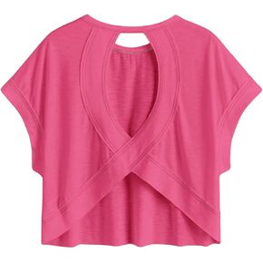 SOLY HUX 2024 Open Back Tops for Women Criss Cross Cut Out Tee Backless Casual Short Sleeve Round Neck T Shirt