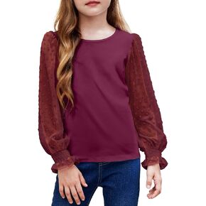 Arshiner Girls Long Sleeve Shirt with Ruffle Cuffs Polka Swiss Dots Kids Girls Pullover Shirts Cute Crewneck Girls Top