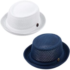 ZffXH lot 2 Pack Trilby Mesh Pork Pie Hat Summer Straw Fedora Cap Bowler Flat Top Sun Hat Lady Men Women