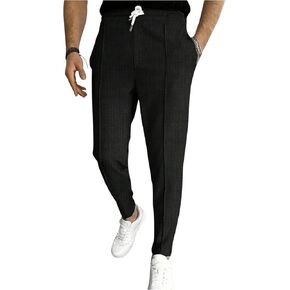 OYOANGLE Men's Textured Drawstring Tapered Pants Solid Business Casual Trousers with Pocket