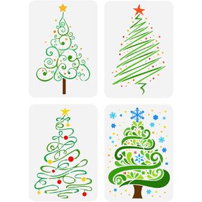 FINGERINSPIRE 4 Pcs Christmas Tree Stencils 11.7x8.3 inch Christmas Theme Stencils Plastic Tree Stars Snowflake Patterns Template Reusable DIY Art and Craft Stencils for Christmas Home Wall Decor