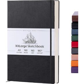 BEECHMORE BOOKS Art Sketch Book, Extra Large A3 160 Pages 11.7 x 16.5 inch, Hardcover Leather Artist Sketch Pad for Drawing and Painting, Thick 160gsm Cream Paper, Boxed for Gifts, Charcoal Black