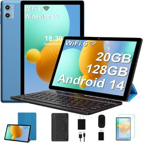 10.1 inch Tablet Android 14 Tablet with Octa-core, 1280x800 IPS HD Touchscreen, 20GB RAM 128GB ROM 1TB Expand Tabets with Keyboard Mouse Case, Face Unlock, 2.4G/5G WiFi, Dual Camera GPS (Blue)