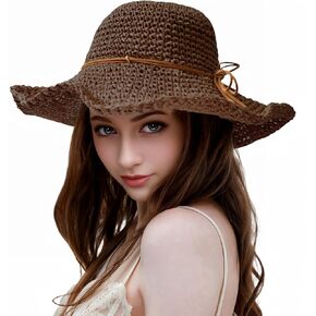 Womens Straw Beach Sun Hats, Foldable Packable Floppy Handmade Crochet Hats for Women,Large Summer Vacation Wide Brim Hat