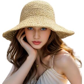Womens Straw Beach Sun Hats, Foldable Packable Floppy Handmade Crochet Hats for Women,Large Summer Vacation Wide Brim Hat