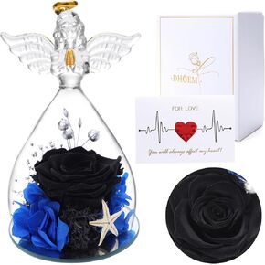 Preserved Flowers Rose in Glass Dome Angel Figurines,Birthday Gifts for Women,Forever Real Rose Angel Gifts for Grandma Mom,Angels Rose Gifts Valentine Mothers Day Thanksgiving for her(Blue)