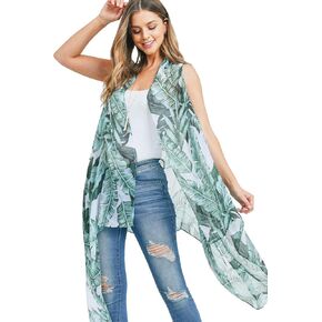 Lightweight Open Shawl Cardigan - Kimono Kaftan Poncho, Sheer Beach Swim Cover-Up Vest Floral Tassel, Tropical Leaf Print