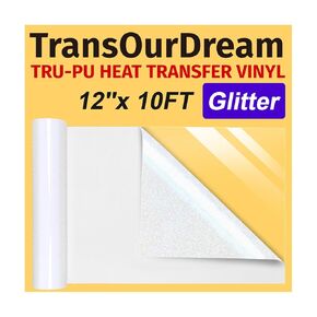 TransOurDream Tru-PU Heat Transfer Vinyl, White Glossy Glitter HTV Vinyl, 12in x 10ft for Explore AIR 2, Maker, Cameo, White Glitter Iron On Vinyl, Thinner, Soft, Sticky