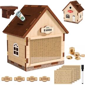Summidate Wooden Goal Saving Box, Cash Vault Money Bank for Challenge($1000/$2000/$5000/$10000), Fairytale Cottage Money Box, Self-Assembled Wooden Piggy Bank, Gift for Kids