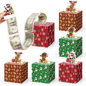 Sinasasspel 6PCS Christmas Money Box for Cash Gift Christmas African American Christmas Money Holders Holiday Money Roll Box Pull Out Present Santa Claus Reindeer Elf Patterns Xmas Party Supplies