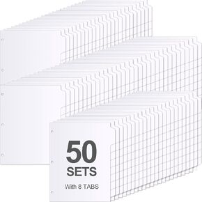 Geyoga 400 Pieces 3 Ring Binder Dividers with Tabs 8 Tab Dividers for 3 Ring Binders 50 Sets Letter Size Page Dividers for 3 Ring Binder (White)