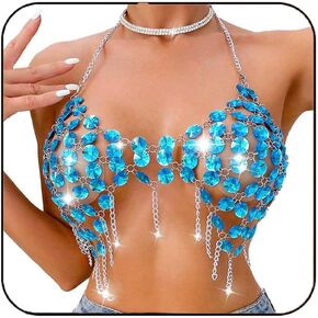 Aukmla Sparkly Blue Crystal Bra Body Chain Silver Rhinestones Halter Chest Chains Beach Bikini Nightclub Body Jewelry for Women