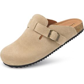 ZUSERIS Women's Suede Clogs Leather Mules Cork Footbed Potato Shoes Comfort Slip on Sandals with Arch Support