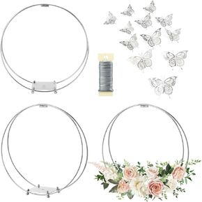 3 عبوات معدنية مزدوجة من الزهور مقاس 35.56 سم مع حامل وسلك مجداف بطول 38 ياردة، ديكورات طاولة مركزية للزفاف/المعمودية/الحفلة/القطعة المركزية DIY ديكور طاولة بحلقة معدنية، فضي in Kuwait