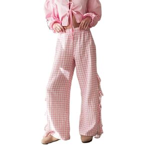 سروال نسائي من القماش القطني بخصر مطاطي وفضفاضة وسروال جانبي جميل وربطة عنق مفرغة من Pj قيعان in Kuwait