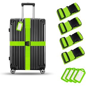 8 Pack Luggage Straps and Tags Set (4 Straps, 4 Tags), Premium Nylon Belts for Luggage Security, Bright Colour Adjustable Luggage Belts（Orange+Green (Green)