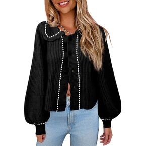 Saodimallsu Womens Puff Sleeve Cardigans 2024 Fall Babydoll Collared Button Loose Ribbed Knit Color Block Sweater Coats