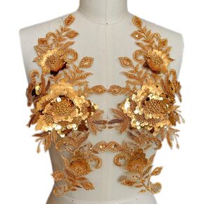 Beaded Sequins Appliques Gold Crystal Trim Patches Accessories for Dress Clothes,Wedding Dress DIY Decoration 1 Pair (Gold-513)