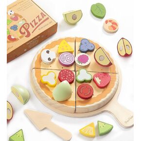 PairPear Wooden Pizza Toy Cutting Play Food Set, Kids Pretend Play Kitchen Accessories, Wooden Kids Kitchen Playset, Pizza Making Toy Set Cooking Gifts for Boys Girls Age 3+