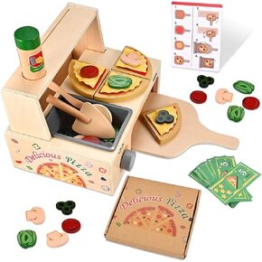 50 Pcs Wooden Pizza Toy, Montessori Pretend Play Toys, Wooden Pizza Counter Playset with Bake Oven, Play Food and Accessories, Cooking Pretend Play Toys for Boys Girls Age 3+