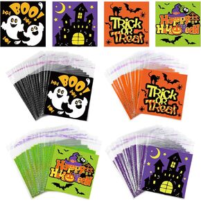 Whaline 240Pcs Halloween Cellophane Treat Bags Self Adhesive Happy Halloween Trick Or Treat Haunted House Boo Bags Candy Goodie Gift Bags Party Favor Bags for Halloween Party Favor Supplies