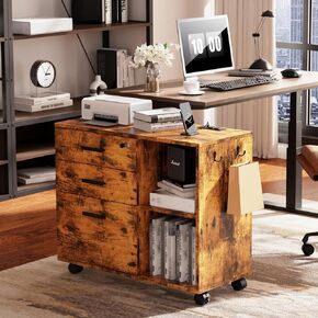 3 Drawer File Cabinets for Home Office with USB Charging Port and Lock,Printer Stand with Storage,Wood Filing Cabinet with Open Shelves,Mobile File Cabinet with Lockable Casters - Rustic Grey