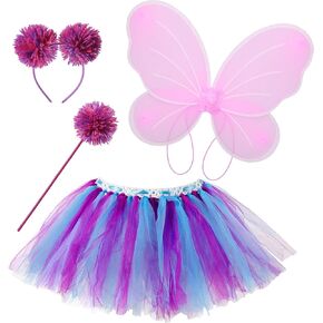 Haysandy 4 Pcs Pink and Purple Costume Set for Girls Tutu Skirt Fairy Butterfly Wings with Pom Headband Bopper Pom Wand