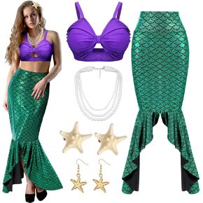Jiuguva 6 Pcs Halloween Mermaid Costume for Women Sequin Mermaid Tube Top Skirt Starfish Hairpin Earrings Necklace