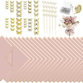 SNAIL GARDEN 20Sheets Flower Bouquet Wrapping Paper,Floral Wrapping Paper With 20Pcs Metal Floral Place Card Holder,48Pcs 3D Gold Butterfly Decor,100Pcs Pins & 25Yard Satin Ribbon For DIY Gifts (Pink)