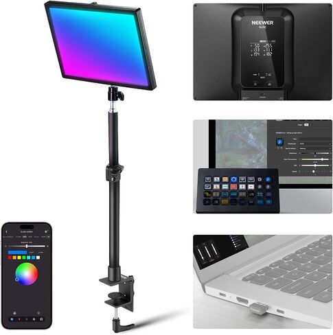 NEEWER GL25B 12.9" Streaming Key Light, 2.4G RT100 Remote & PC/Mac APP Control 25W 2300Lux/0.5m 2900K–7000K CRI98+ Dimmable Edge Emitting Silent Webcam Video Light with Desk Stand & USB Transmitter in Kuwait