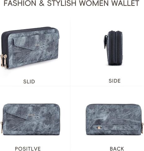 CLUCI Wallet Women RFID Blocking Credit Card Holder Large Capacity Wristlet Purse Multi Card Long Ladies Billfold Denim Blue in Saudi Arabia