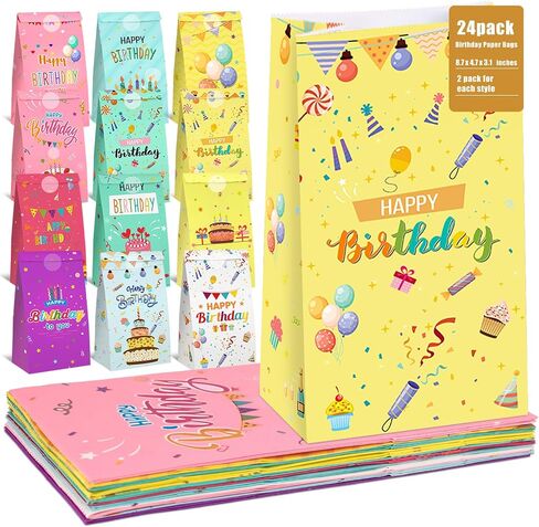 Shindel Party Favor Bags, 54PCS Happy Birthday Treat Bags, Birthday Bags For Kids, 4.7" x 3.1" x 8.7" 12 Designs Colored Paper Bags Goodie Bags for Birthday Party Kids in Saudi Arabia