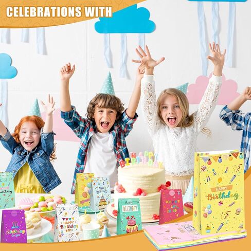 Shindel Party Favor Bags, 54PCS Happy Birthday Treat Bags, Birthday Bags For Kids, 4.7" x 3.1" x 8.7" 12 Designs Colored Paper Bags Goodie Bags for Birthday Party Kids in Saudi Arabia