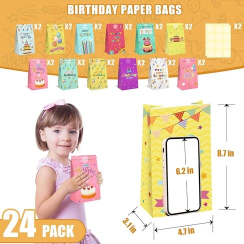 Shindel Party Favor Bags, 54PCS Happy Birthday Treat Bags, Birthday Bags For Kids, 4.7" x 3.1" x 8.7" 12 Designs Colored Paper Bags Goodie Bags for Birthday Party Kids in Saudi Arabia