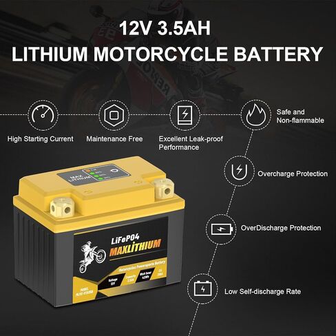 12V Lithium Motorcycle Battery 3.5Ah 210CA Smart BMS, Replacement YTX7L-BS/YTX5L-BS/YTX4L-BS/YTZ6-BS/YTZ7S-BS Battery, Compatible with Small Street Bikes, Motorcycle, Scooter, Lawn Mowers in Saudi Arabia